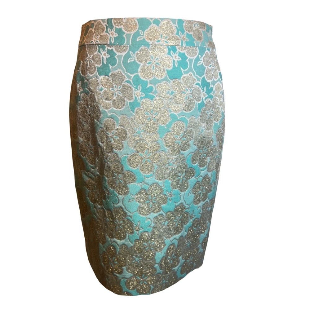 Banana Republic Vintage Silk Brocade Sakura Floral Skirt Aqua Gold, Size 4, NWT